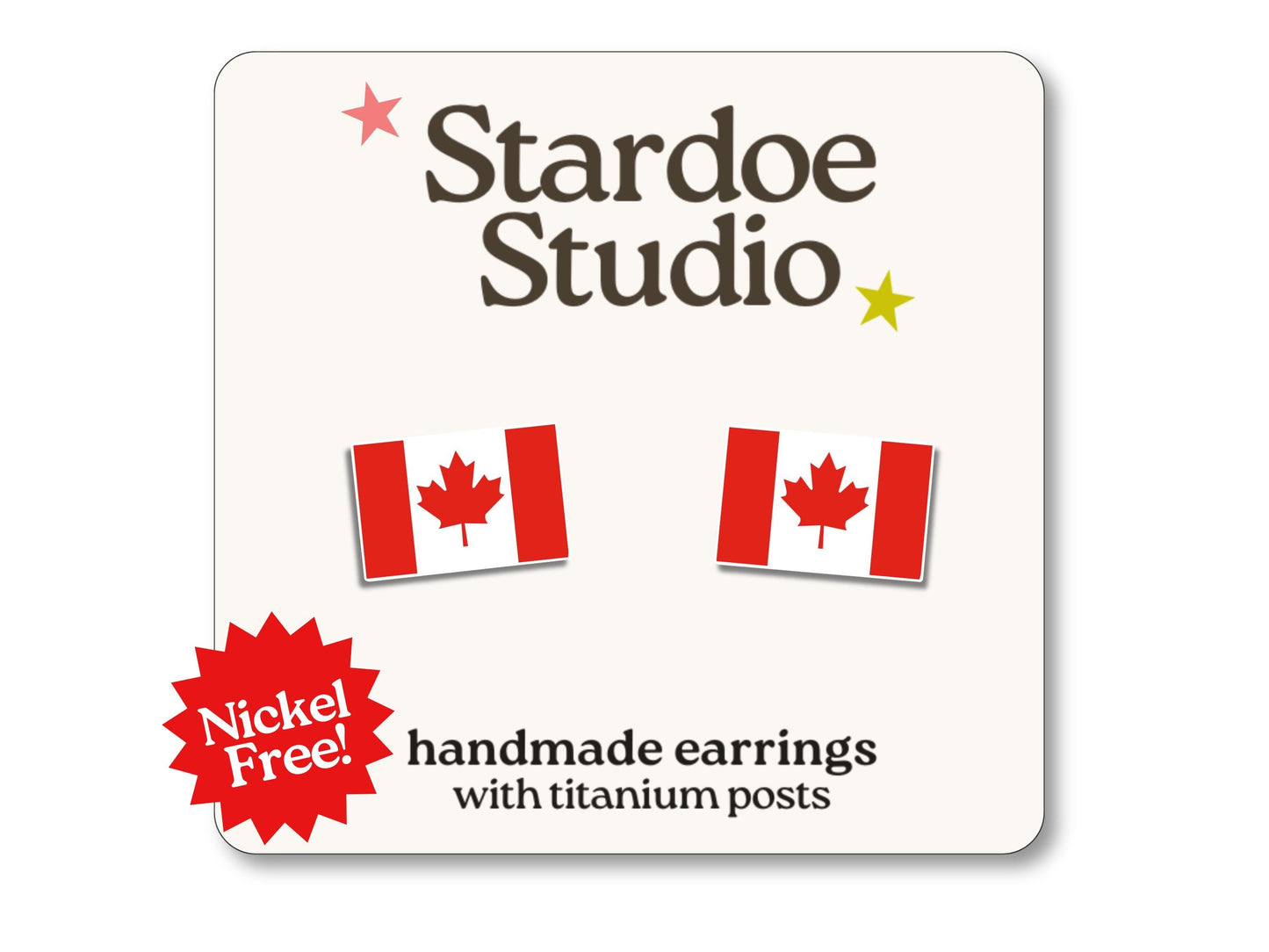 Little Canadian flag stud earrings featuring the iconic red and white maple leaf design. These earrings are hypoallergenic titanium posts patriotic jewelry for kids and adults.