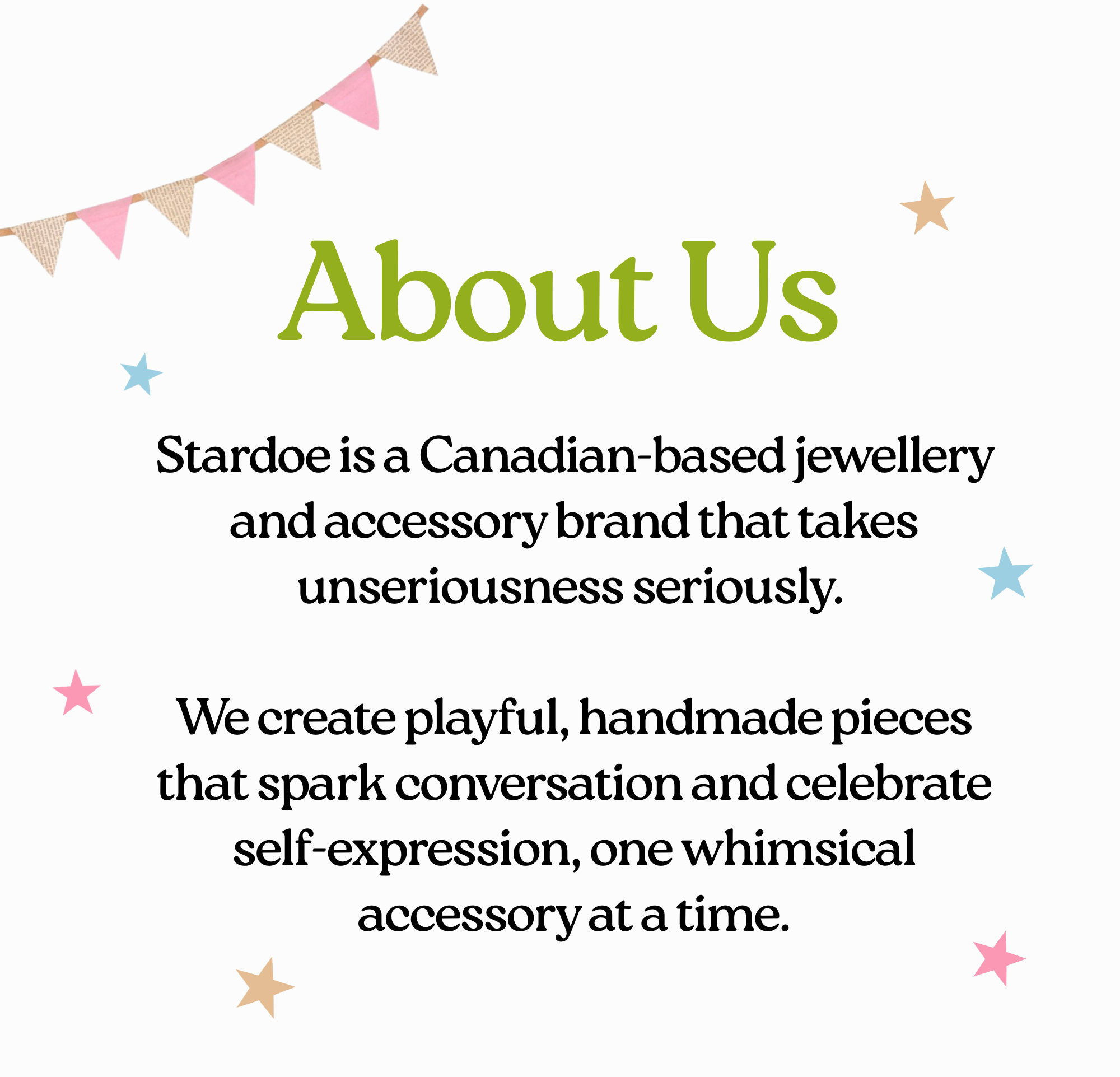Text about Stardoe, a Canadian jewelry brand, on a white background with decorative elements.