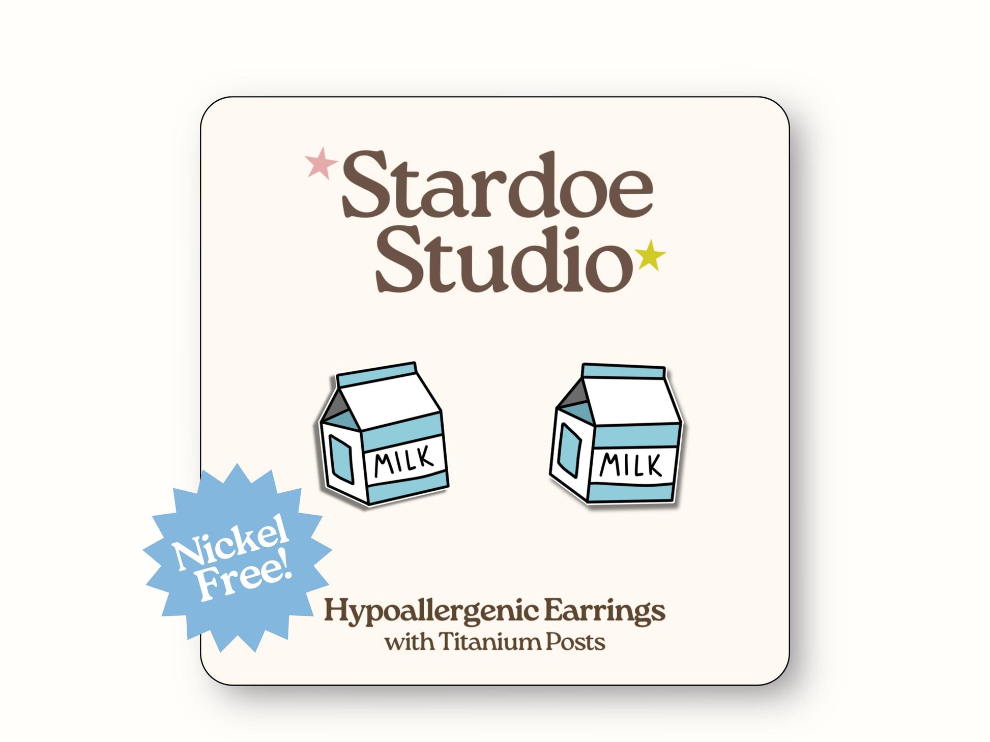 Little milk carton stud earrings featuring a white and blue carton design. These earrings are handmade with hypoallergenic titanium posts food jewelry for kids and adults.