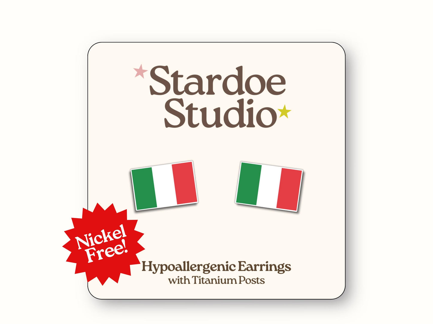 Little Italy flag stud earrings featuring the green, white, and red tricolor design. These earrings are patriotic jewelry for kids and adults.