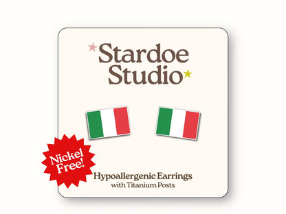 Little Italy flag stud earrings featuring the green, white, and red tricolor design. These earrings are patriotic jewelry for kids and adults.
