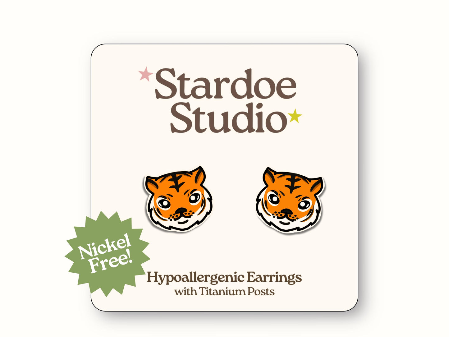 Tiger Earrings, Cute Jungle Tiger Jewelry, Big Orange Cat Studs, Roar Animal Earrings