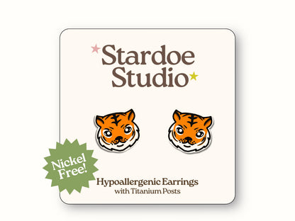 Tiger Earrings, Cute Jungle Tiger Jewelry, Big Orange Cat Studs, Roar Animal Earrings