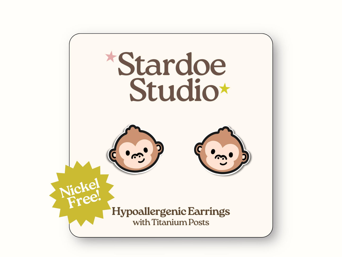 Small monkey face glossy stud earrings jewelry with brown fur and cute primate expressions representing beloved jungle creatures that animal lovers and zoo enthusiasts adore showcasing wildlife appreciation and primate personality secured with hypoallergenic titanium posts
