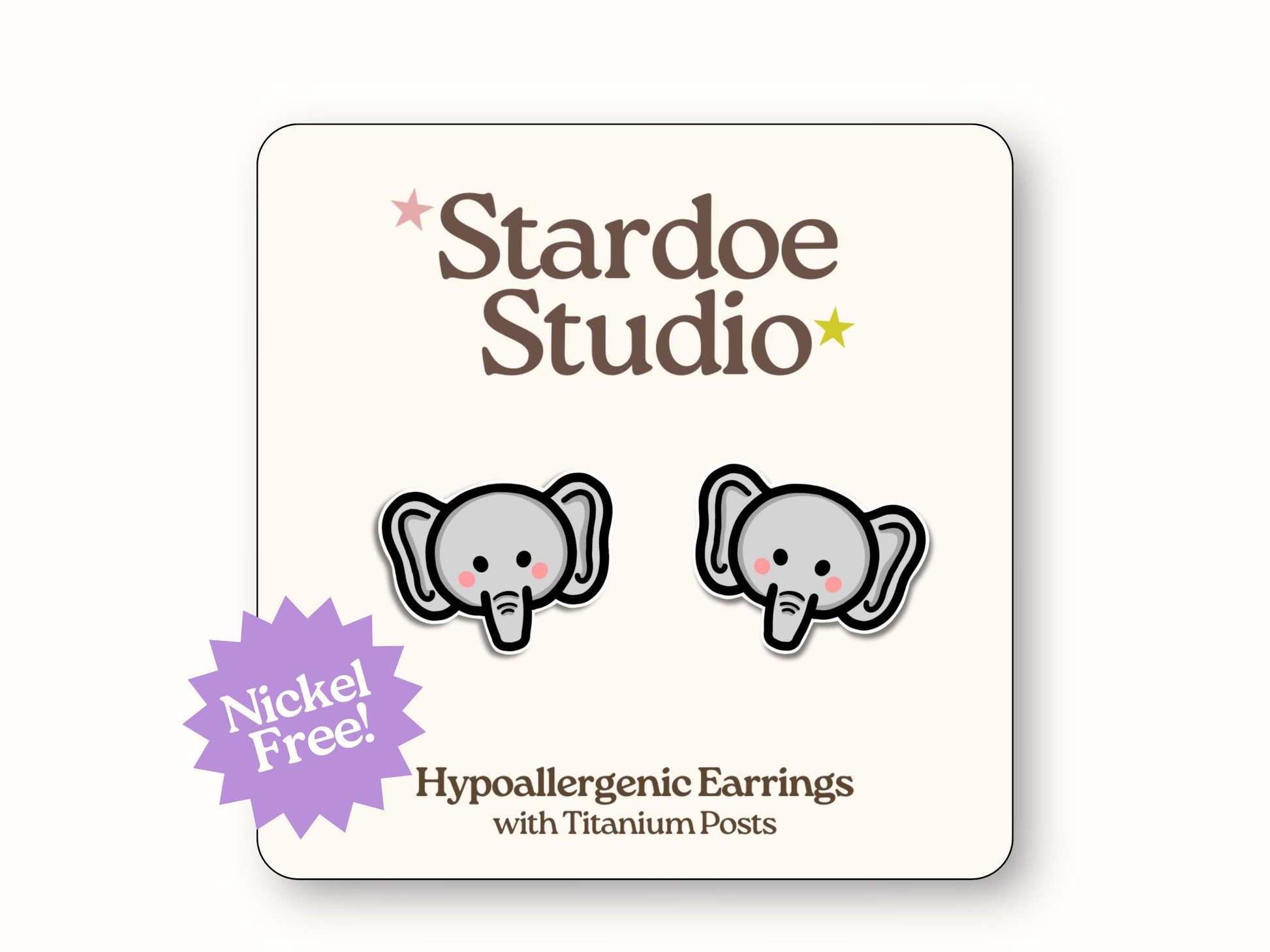 Little elephant stud earrings featuring a playful elephant design. These earrings are animal jewelry for kids and adults.