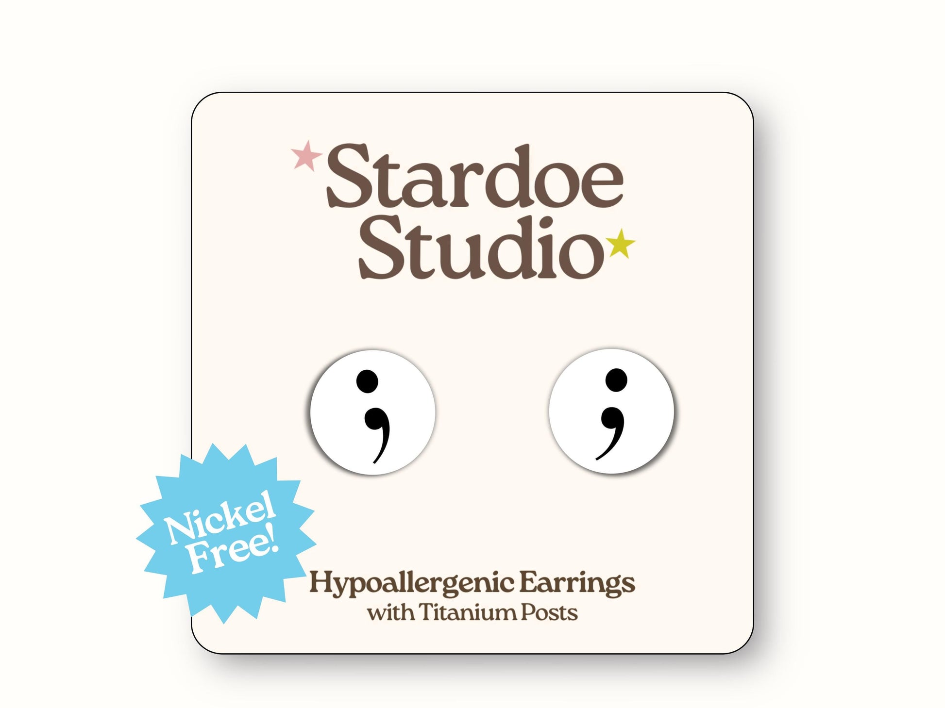 Little black semicolon stud earrings featuring a simple black and white punctuation design. These earrings are hypoallergenic titanium posts mental health awareness jewelry for kids and adults.
