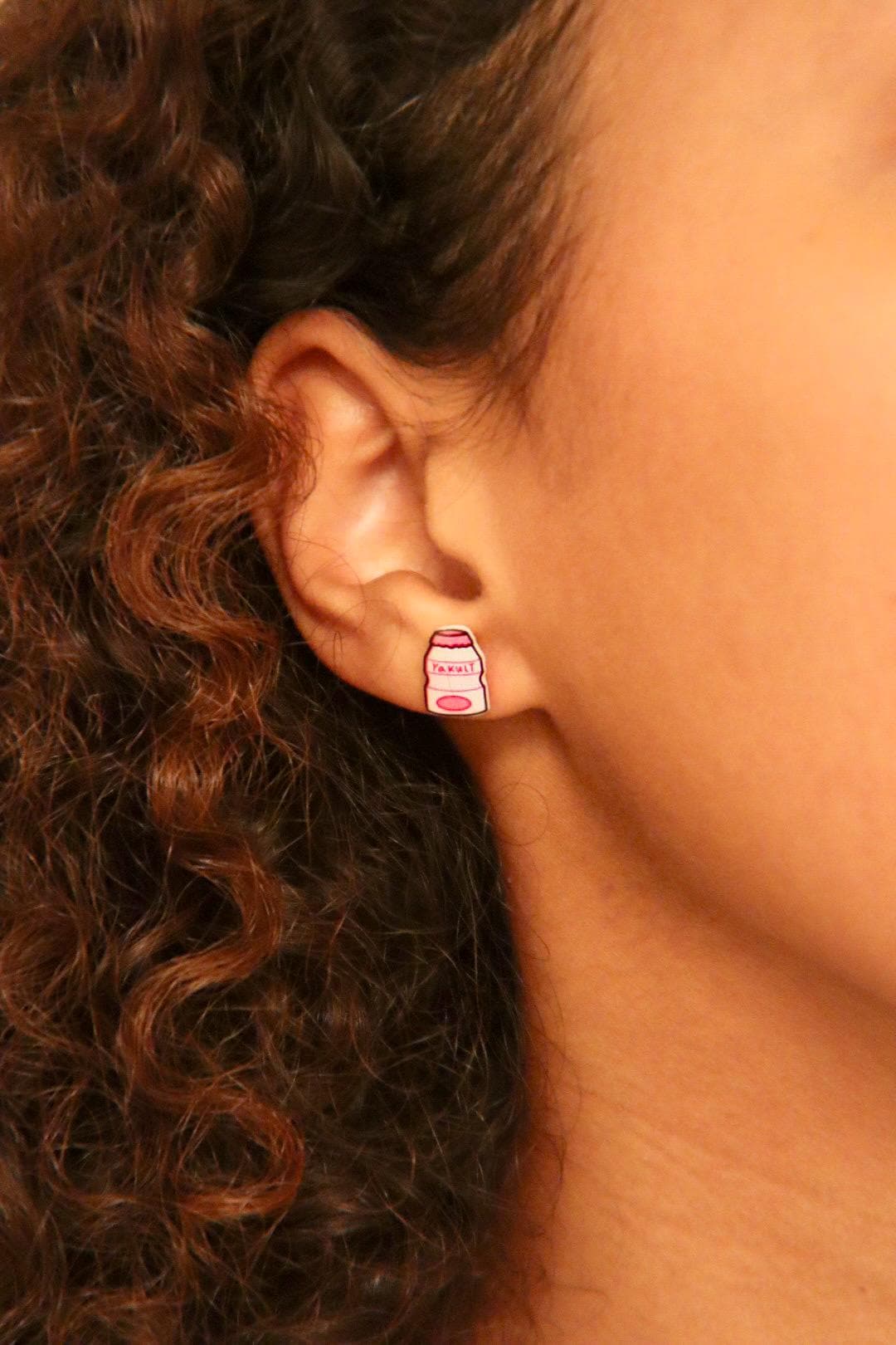 Yakult Earrings, Cute Korean Drink Jewelry, Kawaii Strawberry Milk Drink