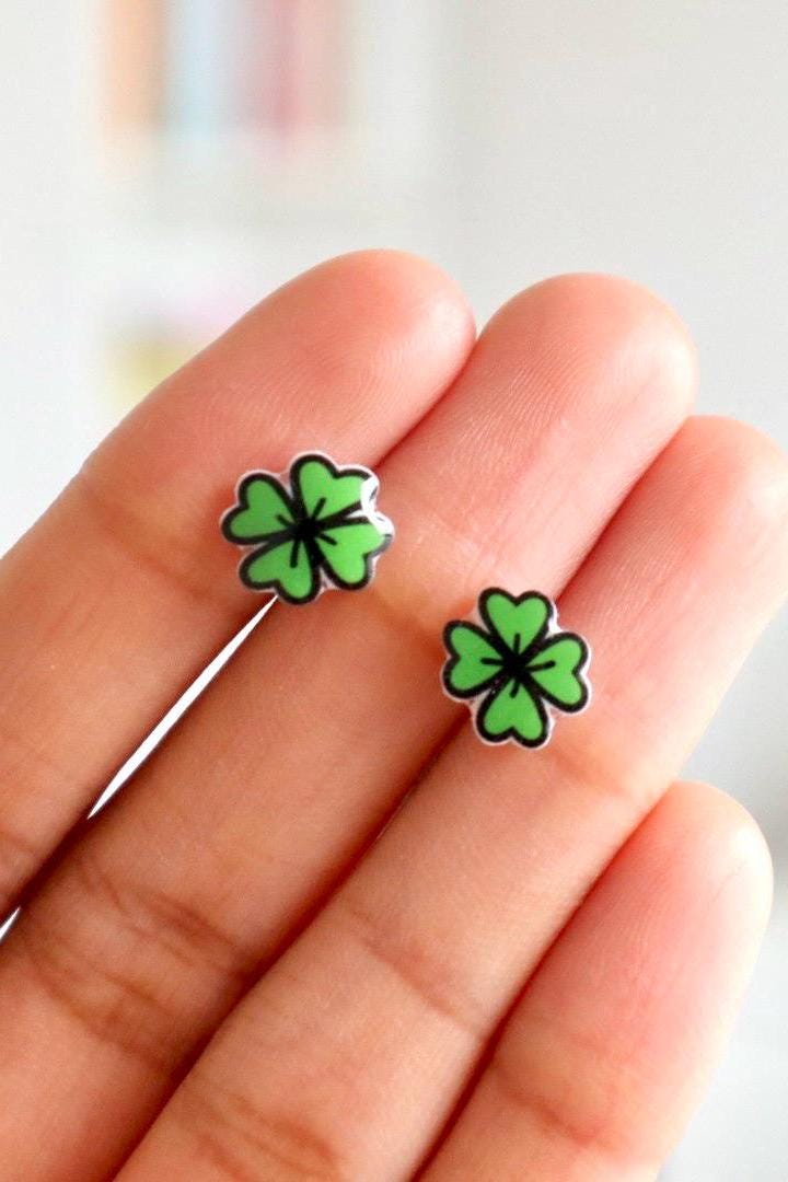 Four Leaf Clover Earrings, Lucky Charm Clover Jewelry, Cute Irish Shamrock Earrings