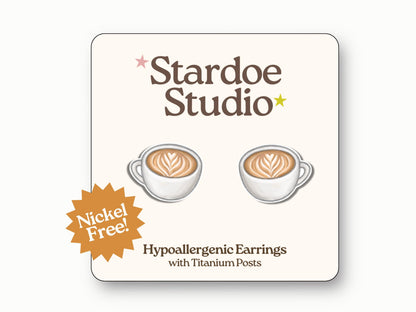 Coffee Latte Earrings, Hot Coffee Mug Studs, Drink Jewelry Studs, Cute Latte Art Earrings