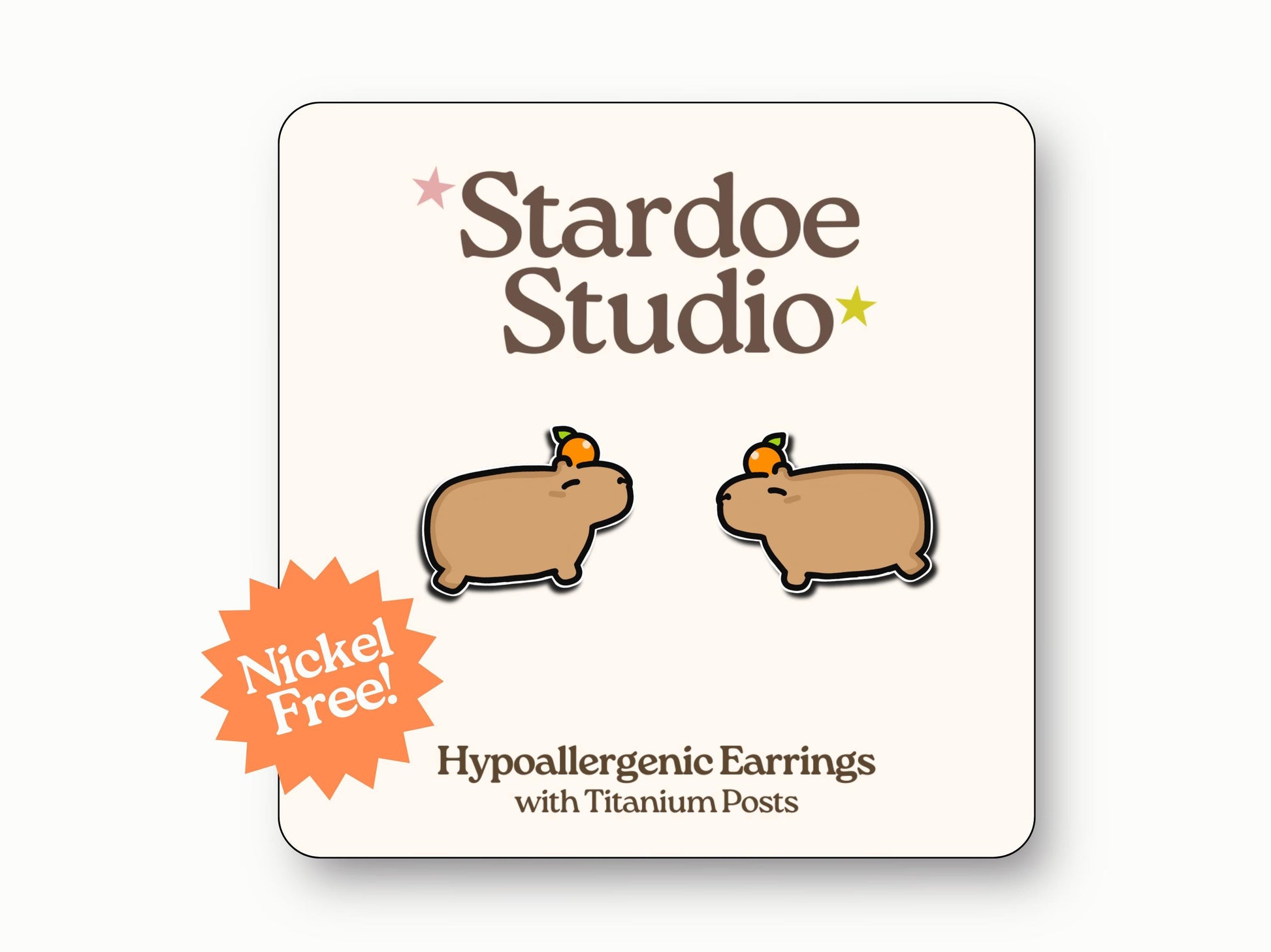 Capybara with Orange Earrings 2.0, Water Pig Jewelry, Cute Cabybara, Happy Capy Vibes, Mammal Earrings with Fruit, Animal Studs