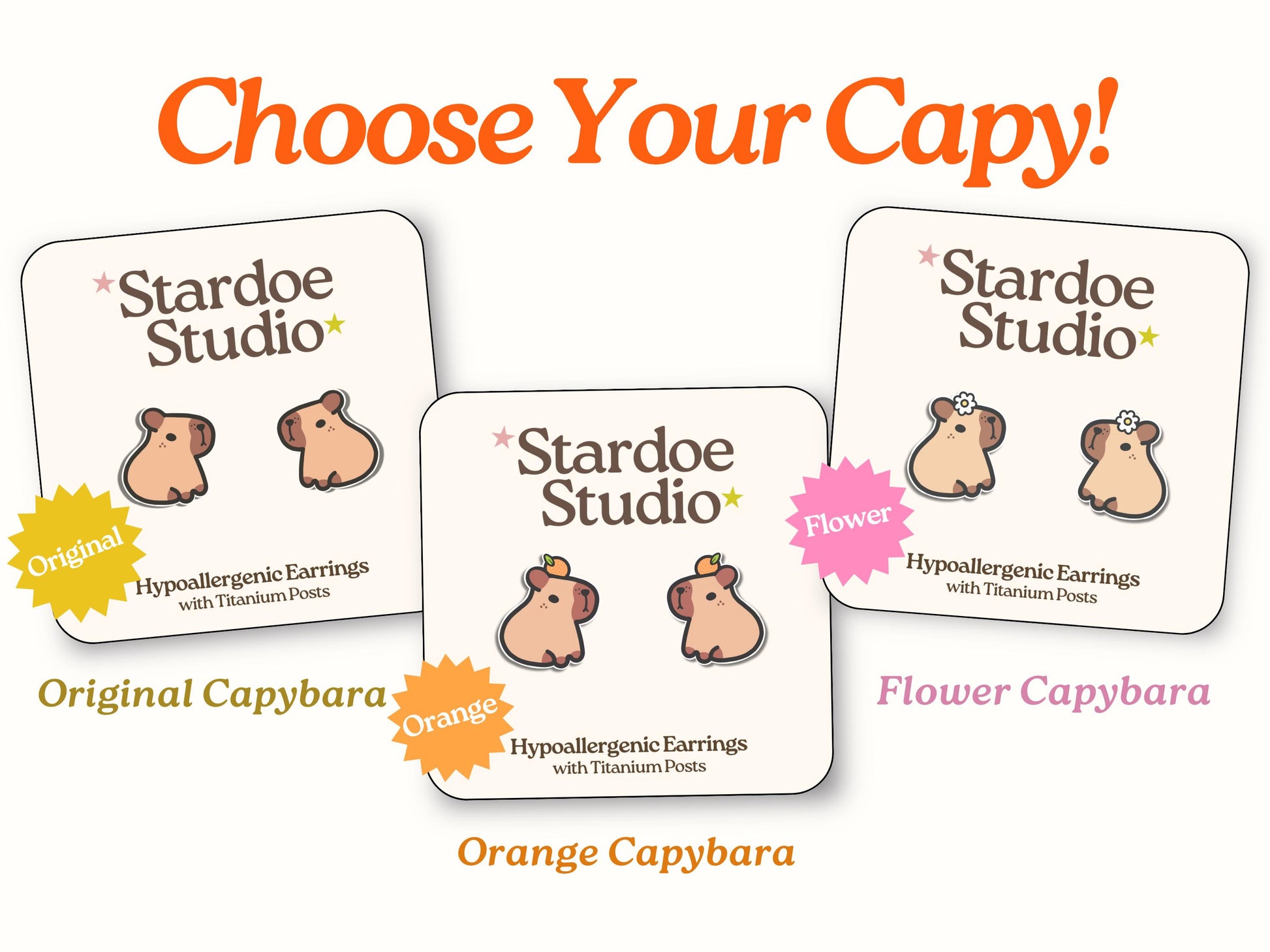 Capybara with Orange Earrings 2.0, Water Pig Jewelry, Cute Cabybara, Happy Capy Vibes, Mammal Earrings with Fruit, Animal Studs