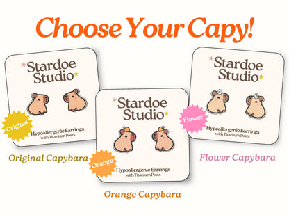 Capybara with Orange Earrings 2.0, Water Pig Jewelry, Cute Cabybara, Happy Capy Vibes, Mammal Earrings with Fruit, Animal Studs