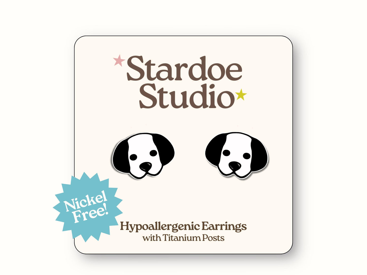 Little black and white dog face stud earrings featuring an adorable puppy design. These earrings are handmade with hypoallergenic titanium posts animal jewelry for kids and adults.