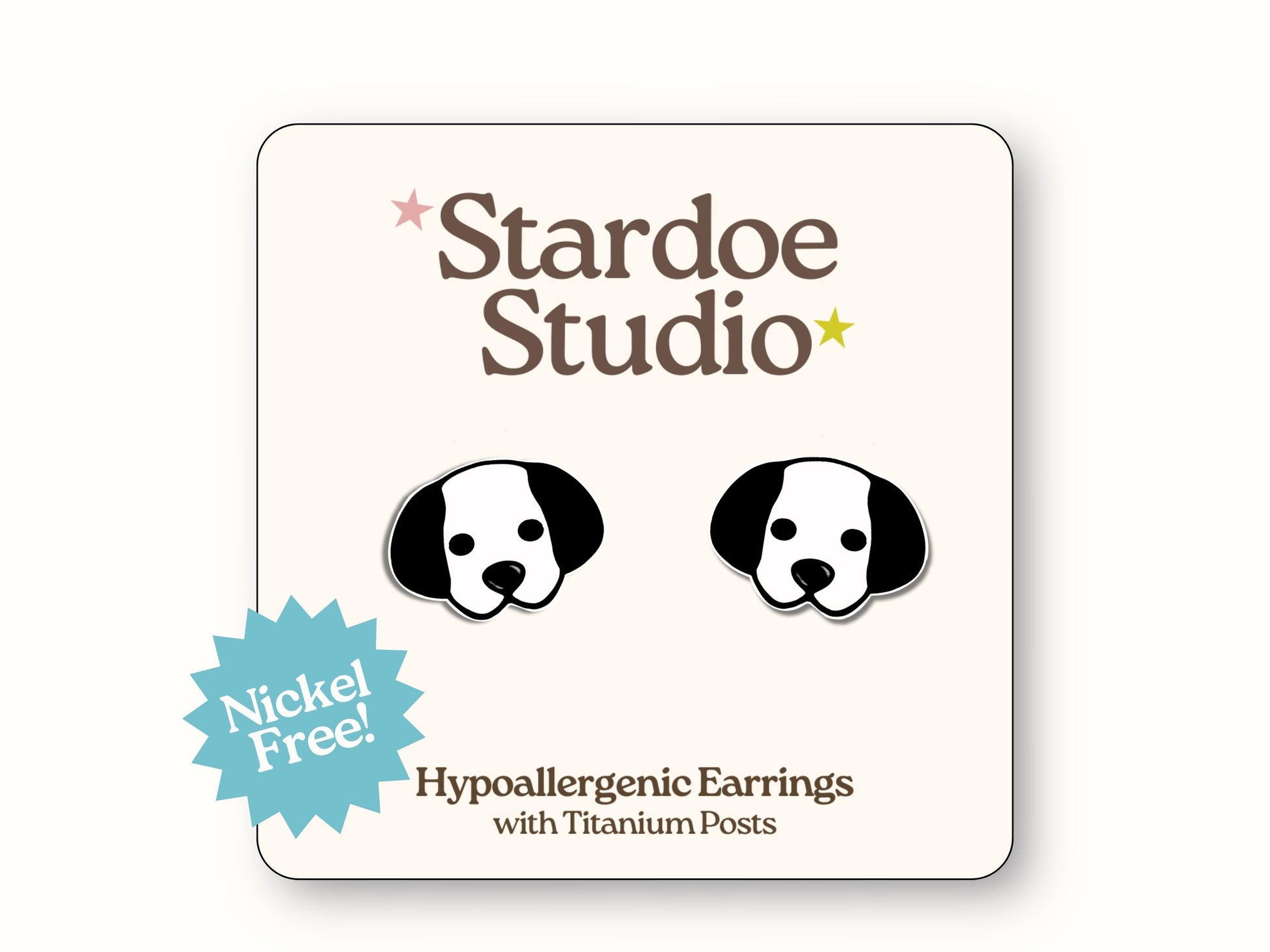 Little black and white dog face stud earrings featuring an adorable puppy design. These earrings are handmade with hypoallergenic titanium posts animal jewelry for kids and adults.