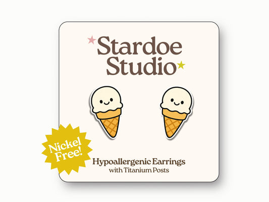 Little ice cream stud earrings featuring a cute vanilla ice cream cone design. These earrings are handmade with hypoallergenic titanium posts food jewelry for kids and adults.