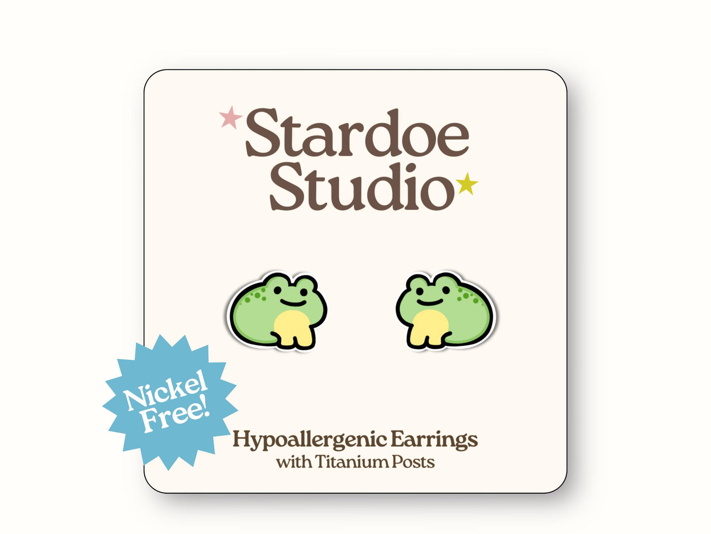 Little frog stud earrings featuring a cute frog design. These earrings are handmade with hypoallergenic titanium posts animal jewelry for kids and adults.