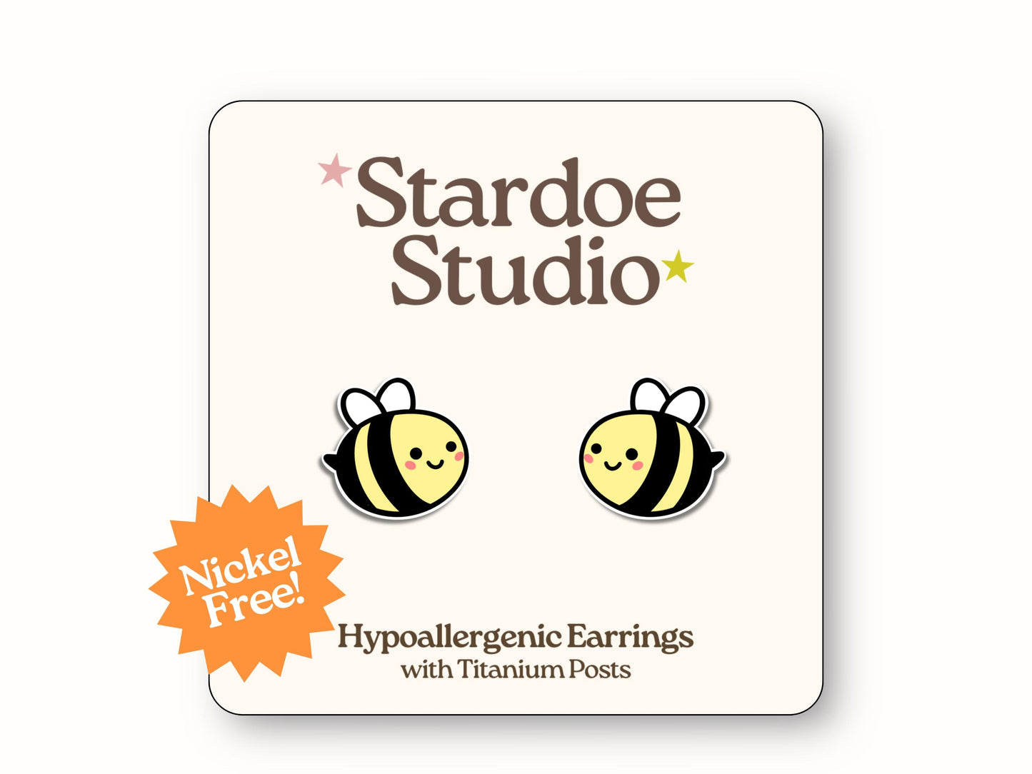 Small bee-shaped stud earrings jewelry with yellow and black striped bodies, delicate translucent wings, and tiny antennae, representing important pollinators and garden helpers that nature enthusiasts cherish, showcasing environmental awareness and bee conservation support, secured with hypoallergenic titanium posts, perfect for girls and boys who love buzzing insects and outdoor nature exploration