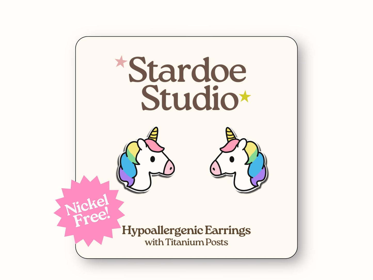 Small white unicorn stud earrings jewelry with soft pastel rainbow manes in pink, lavender, and mint colors, featuring golden spiral horns and gentle expressions, representing dreamy fantasy creatures and kawaii aesthetic that inspires calm wonder, showcasing soft fairy tale magic and peaceful childhood dreams, secured with hypoallergenic titanium posts, perfect for girls and boys who love gentle magical creatures
