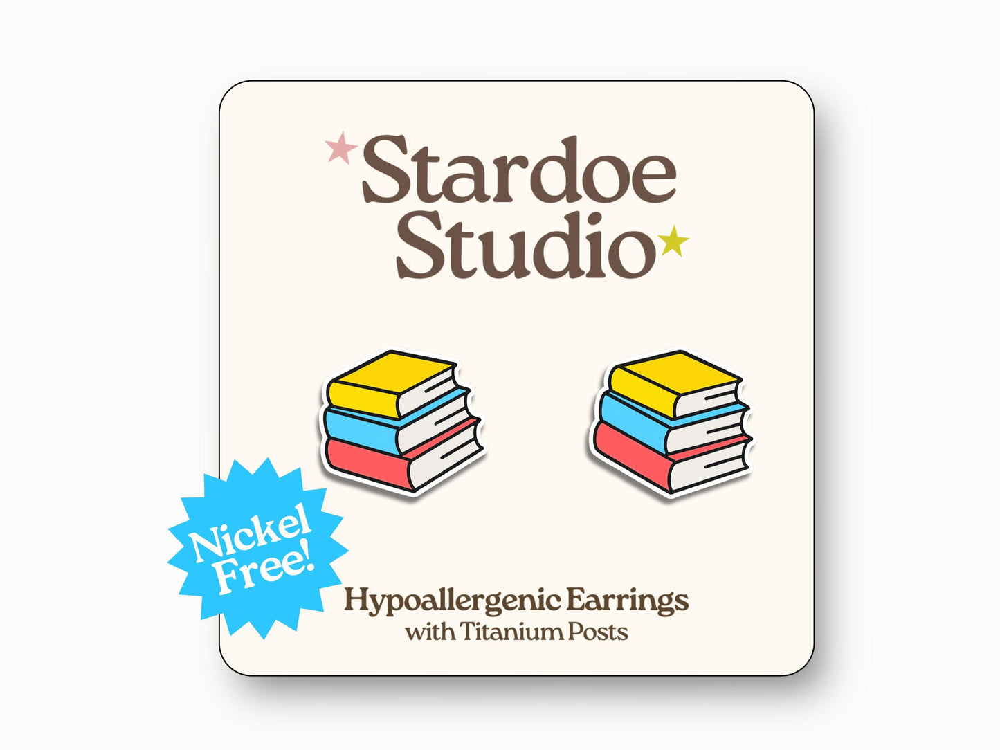 Small rectangular book stack stud earrings jewelry with tiny pages and three books (yellow, blue, red) stacked on top of each other, featuring miniature literature symbols that book lovers and reading enthusiasts treasure, representing literary culture and bibliophile passion for stories and knowledge, showcasing academic and intellectual interests, secured with hypoallergenic titanium posts, perfect for teachers, librarians, girls and boys who love reading adventures and educational accessories