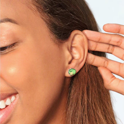 Little frog stud earrings featuring a cute frog design. These earrings are handmade with hypoallergenic titanium posts animal jewelry for kids and adults.