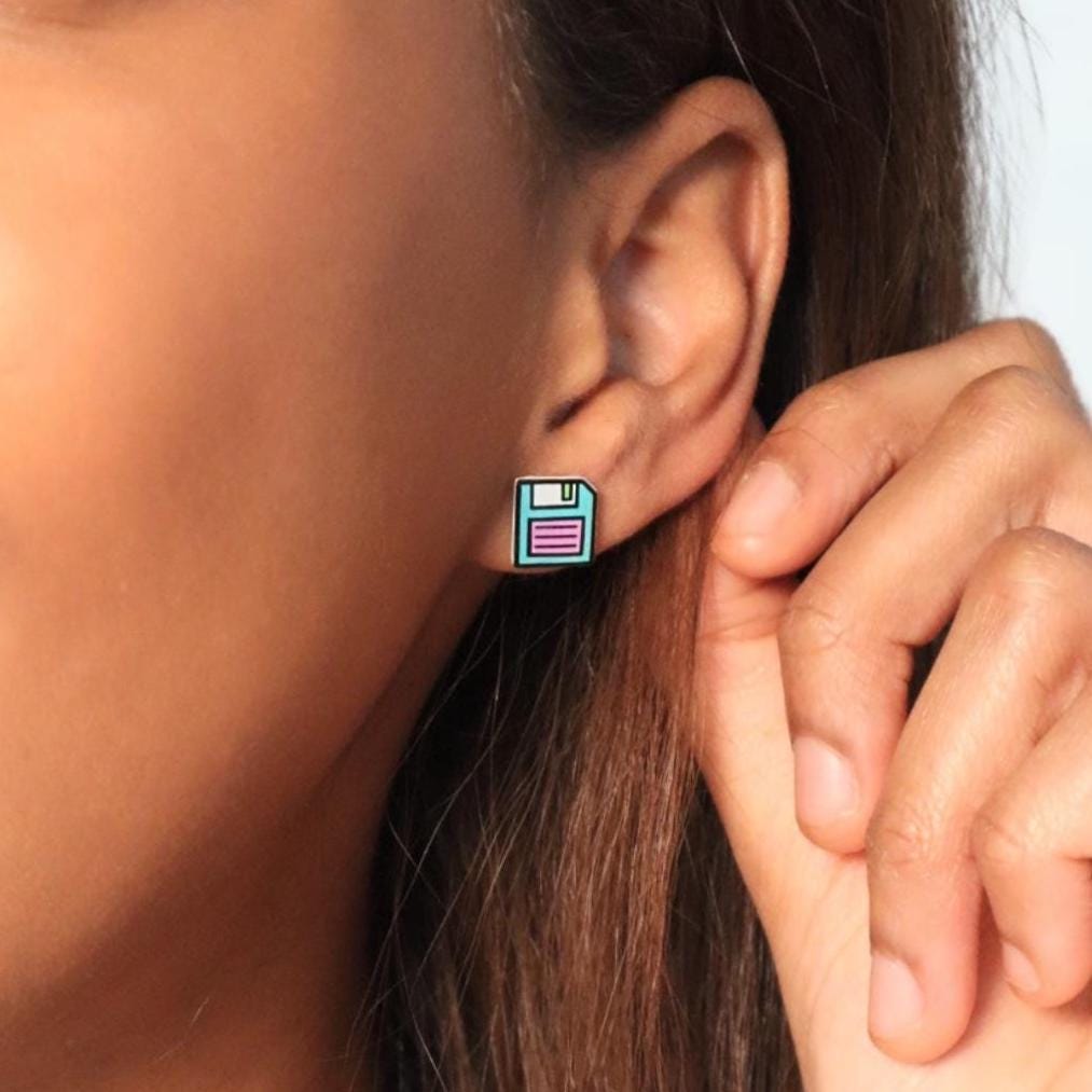 Retro Floppy Disk Earrings in Neon