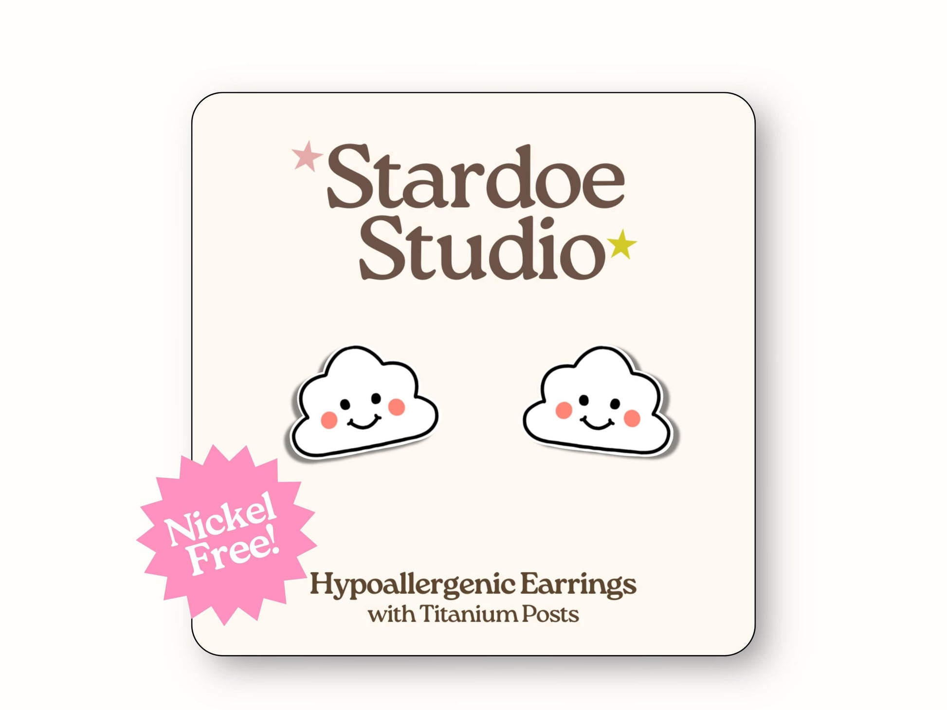 Small fluffy white cloud stud earrings jewelry with cheerful smiley faces featuring black dot eyes and curved smile, representing happy weather symbols and positive vibes that sky enthusiasts and sunshine lovers adore, showcasing kawaii weather aesthetics and joyful expressions, secured with hypoallergenic titanium posts, perfect for girls and boys who love cute weather accessories and uplifting mood jewelry