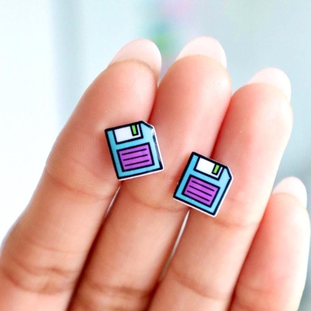Retro Floppy Disk Earrings in Neon