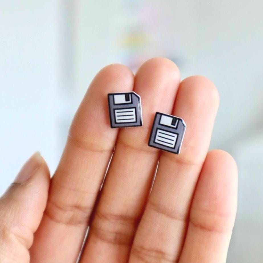 Retro Floppy Disk Earrings in Grey