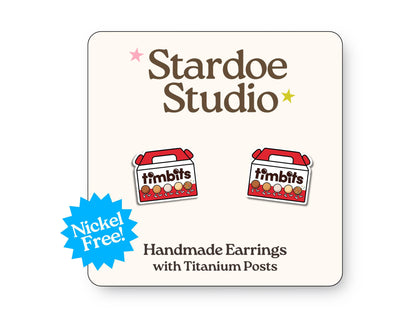 Little Timbits stud earrings featuring miniature round donut-like treats. These earrings are hypoallergenic titanium posts fun dessert jewelry for kids and adults.