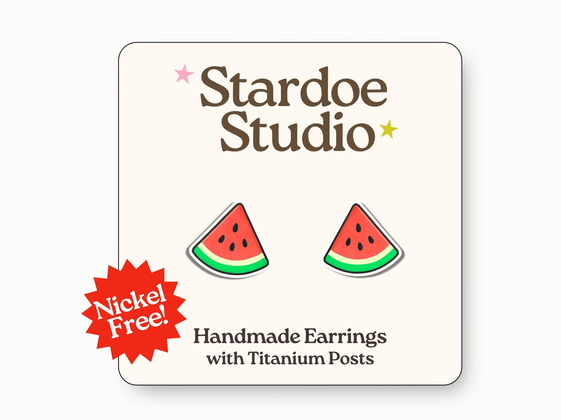 Little watermelon stud earrings featuring a juicy red and green fruit slice design. These earrings are handmade with hypoallergenic titanium posts fruity jewelry for kids and adults.