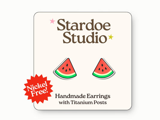 Little watermelon stud earrings featuring a juicy red and green fruit slice design. These earrings are handmade with hypoallergenic titanium posts fruity jewelry for kids and adults.