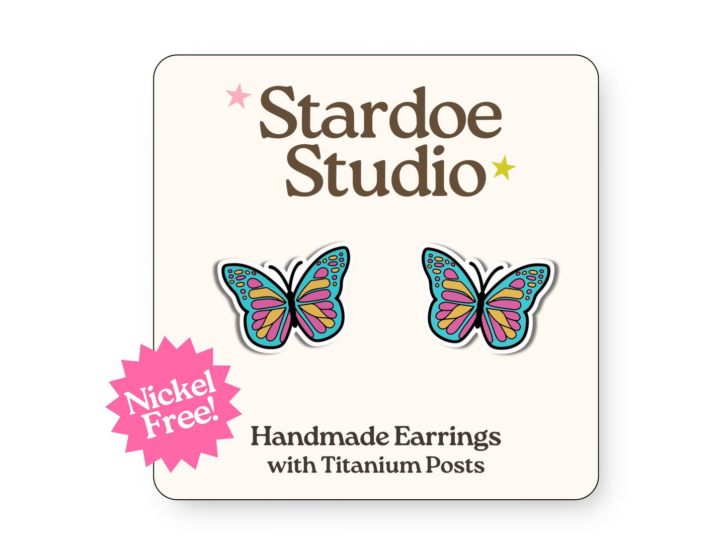 Little butterfly stud earrings featuring a colorful butterfly design. These earrings are handmade with hypoallergenic titanium posts insect jewelry for kids and adults.