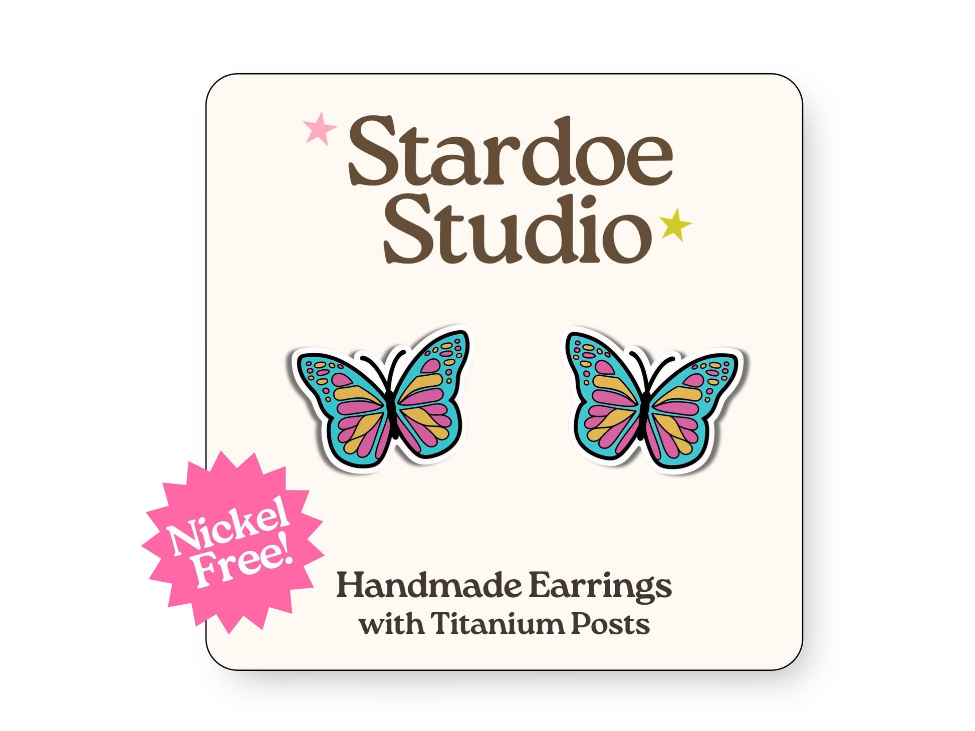 Little butterfly stud earrings featuring a colorful butterfly design. These earrings are handmade with hypoallergenic titanium posts insect jewelry for kids and adults.