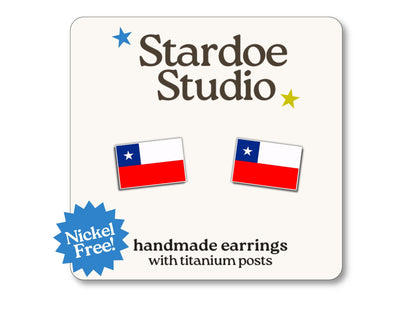 Little Chile flag stud earrings featuring the red white and blue design of the national flag. These earrings are hypoallergenic titanium posts patriotic jewelry for kids and adults.