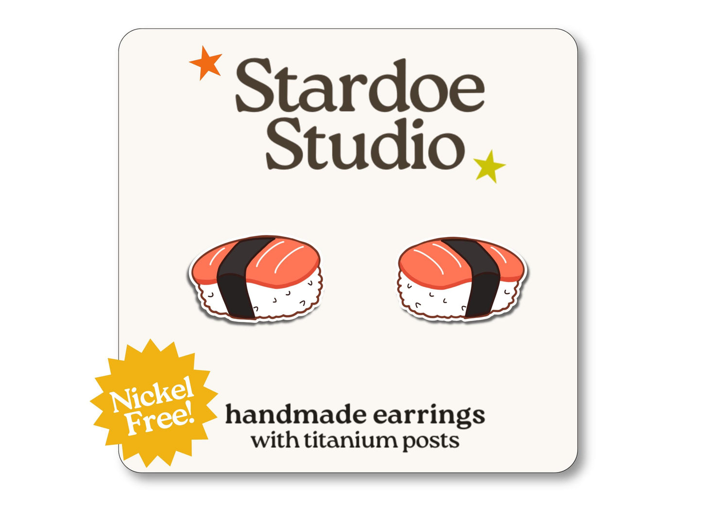 A pair of Salmon Nigiri Earrings that are red, white, and black. Cute design that is made with hypoallergenic titanium posts! Perfect for sushi lovers.