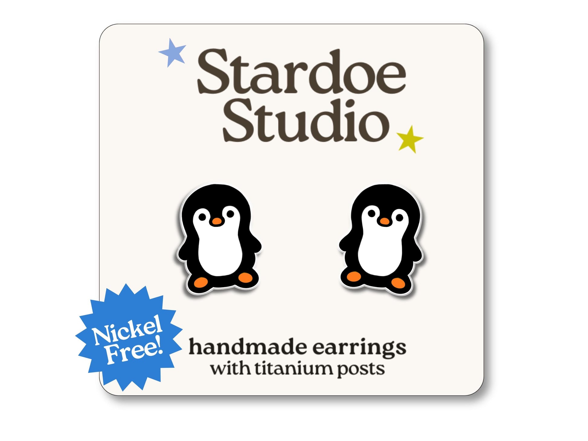 Little penguin stud earrings featuring an adorable black and white penguin design. These earrings are handmade with hypoallergenic titanium posts animal jewelry for kids and adults.