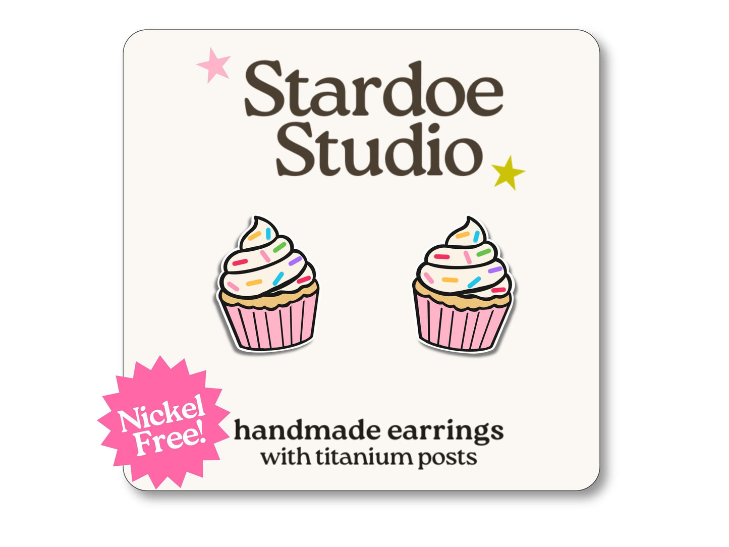 Little pink cupcake stud earrings featuring a cute frosted cupcake design. These earrings are hypoallergenic titanium posts dessert jewelry for kids and adults