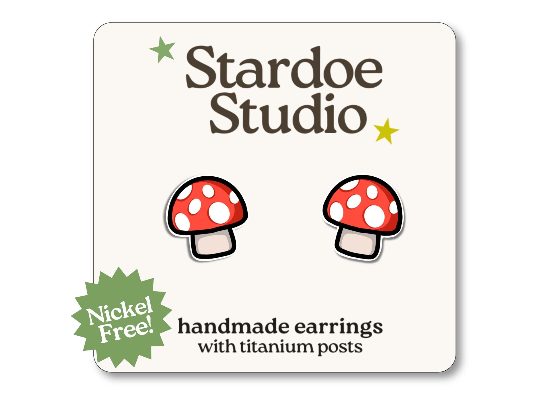 Little mushroom stud earrings featuring a red and white toadstool design. These earrings are handmade with hypoallergenic titanium posts cottagecore jewelry for kids and adults.