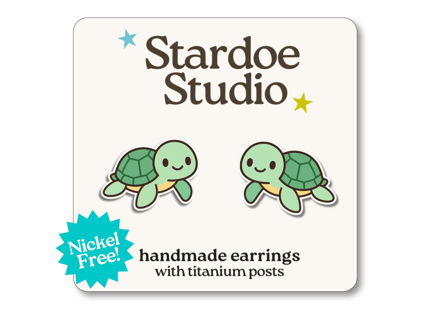 Little sea turtle stud earrings featuring an adorable turquoise turtle design. These earrings are handmade with hypoallergenic titanium posts ocean jewelry for kids and adults.