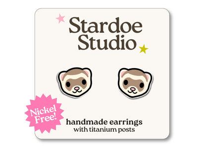 Little ferret stud earrings featuring an adorable ferret face design. These earrings are hypoallergenic titanium posts cute animal jewelry for kids and adults.