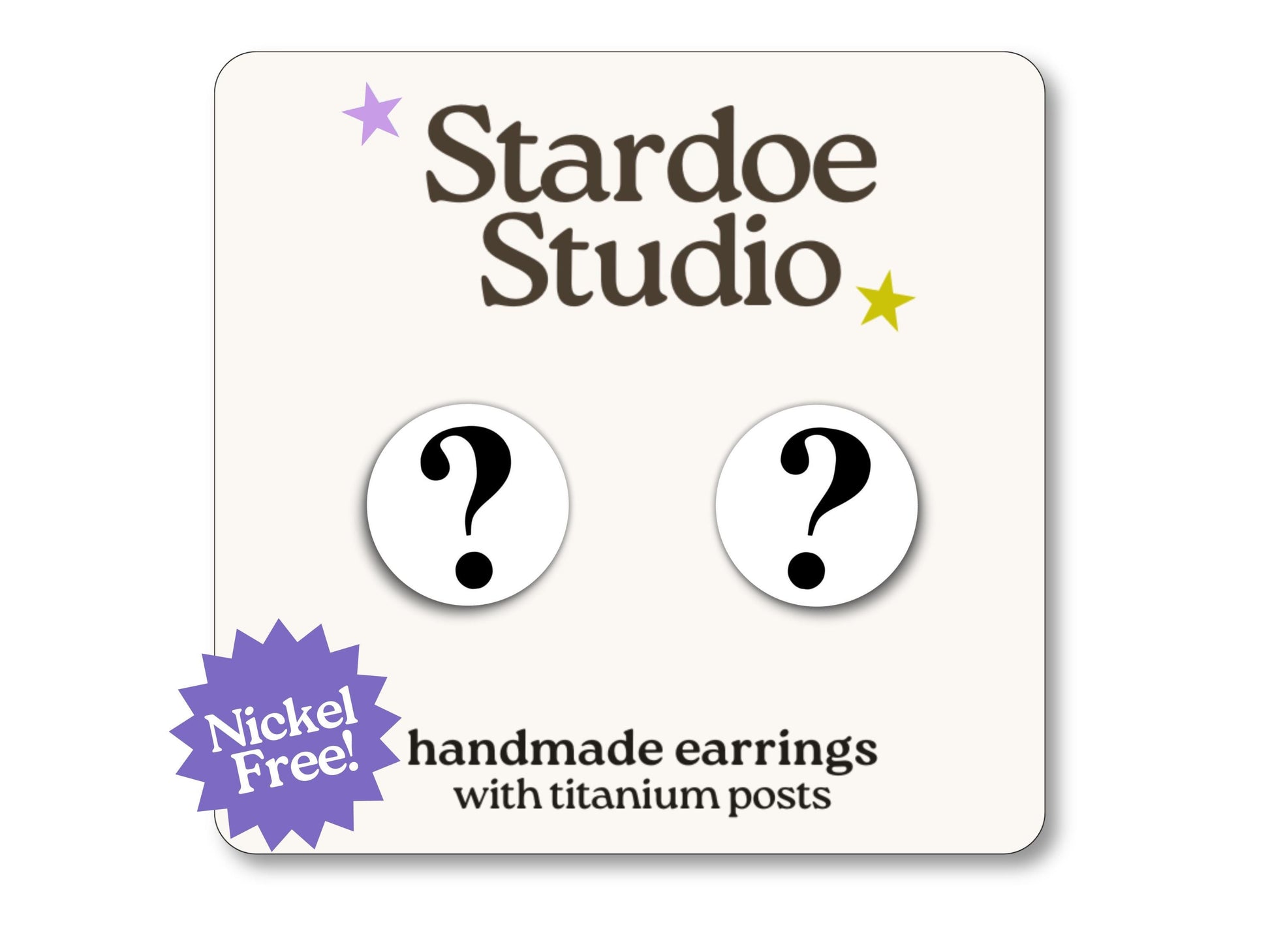 Little white question mark stud earrings featuring a bold and playful question mark design. These earrings are hypoallergenic titanium posts fun symbol jewelry for kids and adults.
