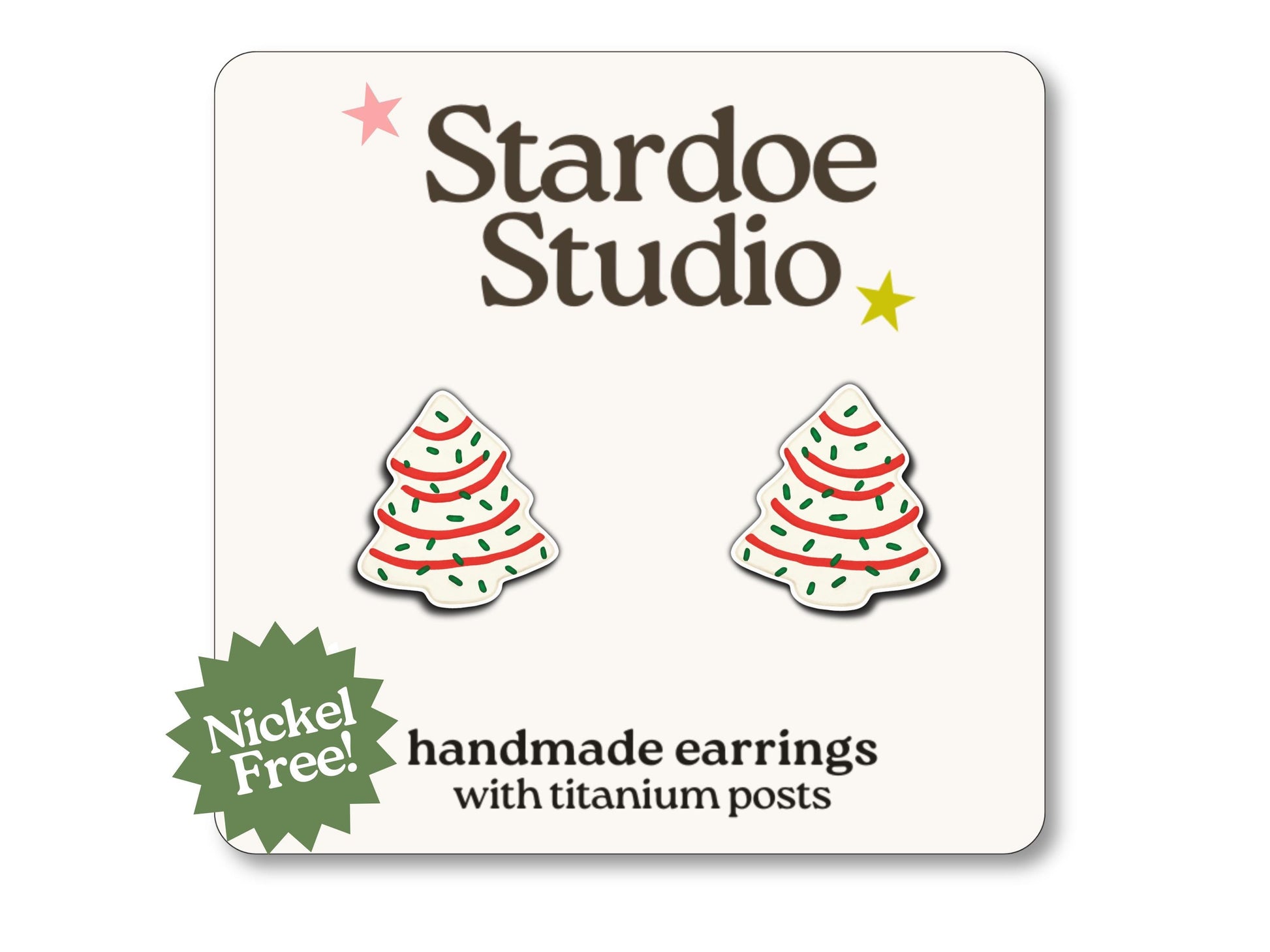 Little Christmas tree cookie stud earrings featuring a colorful tree cookie design. These earrings are hypoallergenic titanium posts fun holiday jewelry for kids and adults.
