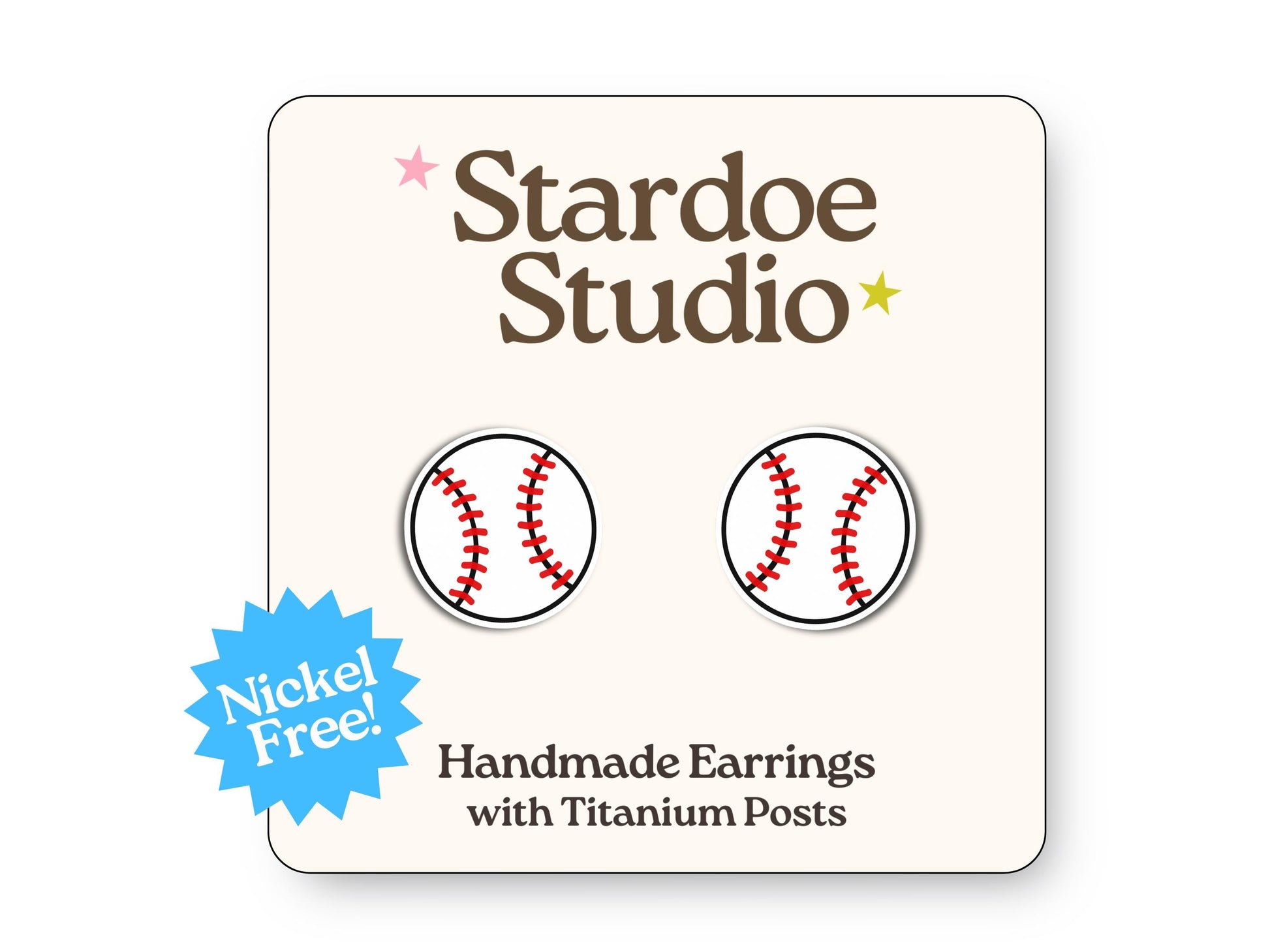 Little baseball stud earrings featuring a classic white ball with red stitching design. These earrings are handmade with hypoallergenic titanium posts sports jewelry for kids and adults.